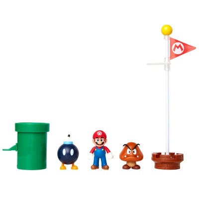 Conjunto de brinquedos Super Mario com tubo verde, bomba, Mario, cogumelo e bandeira vermelha