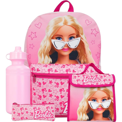 Conjunto escolar rosa com boneca Barbie e padrões de corações e estrelas.