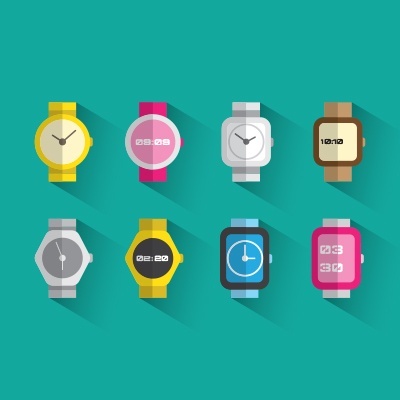 Oito relógios coloridos digitais e analógicos sobre fundo verde