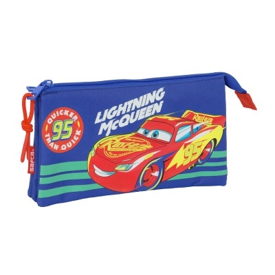 Estojo azul com ilustração do Lightning McQueen em vermelho e amarelo