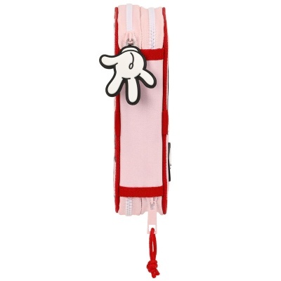 Estojo escolar cor-de-rosa com detalhes vermelhos e puxador de zíper em forma de mão branca