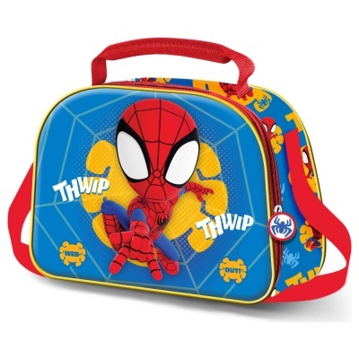 Mala infantil azul e vermelha com imagem do Spiderman e texto THWIP