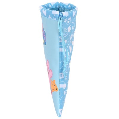 Estojo triangular azul claro com padrão infantil colorido