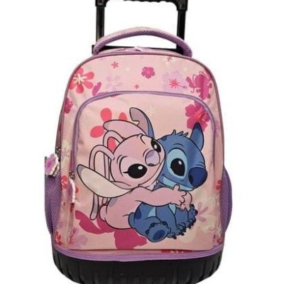 Mochila de rodas rosa com personagens Stitch e Angel abraçados.