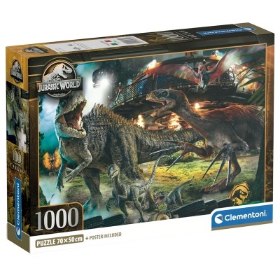 Caixa de puzzle Clementoni 1000 peças Jurassic World com imagem de dinossauros