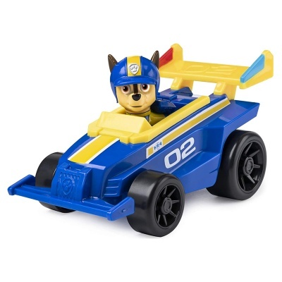 Brinquedo de carro de corrida azul e amarelo com figura de cão a conduzir.