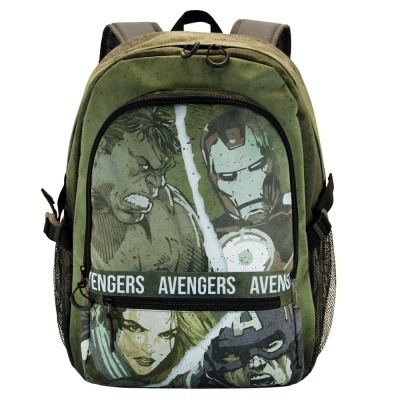 Mochila verde com estampa dos Avengers e faixas pretas com texto AVENGERS