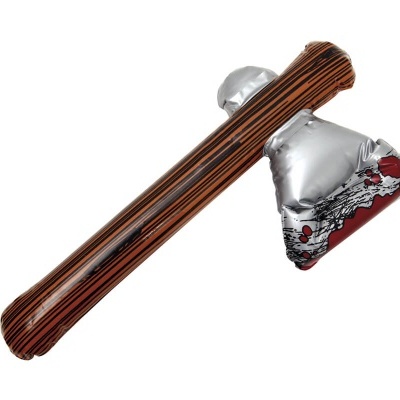 Mazo inflável castanho com riscas pretas e cabeça prateada com manchas vermelhas