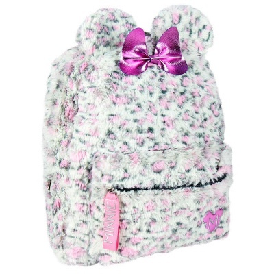 Mochila infantil pelúcia leopardo com orelhas e laço roxo