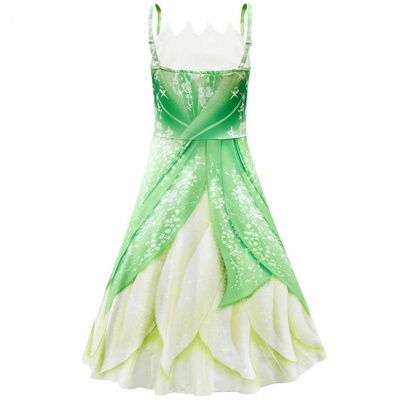 Vestido verde com padrão floral branco e sobreposições em forma de folhas