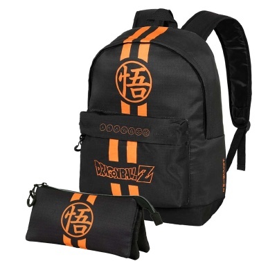 Mochila preta com riscas e símbolos laranja Dragon Ball Z com estojo correspondente