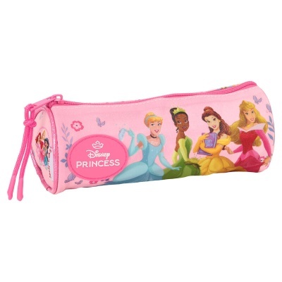 Estojo cor-de-rosa cilíndrico com estampa Princesas Disney e fecho de correr rosa