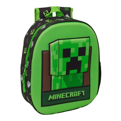 Mochila verde e preta com tema Minecraft e figura do Creeper