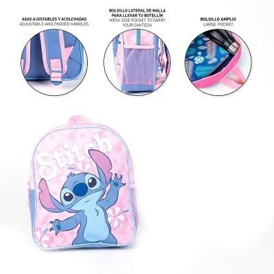 Mochila infantil cor-de-rosa com figura do Stitch e bolsos laterais com detalhes em azul