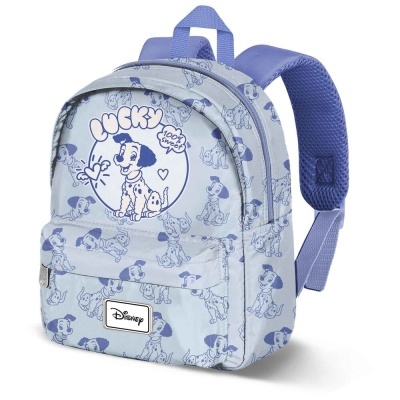 Mochila infantil azul com estampa de dálmatas e etiqueta Disney