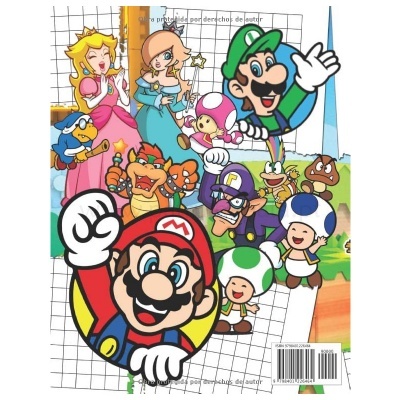 Personagens do universo Super Mario - Mario, Luigi, Princesa Peach, Daisy, Toads, Wario, Bowser, Goomba sobre fundo quadriculado e colorido