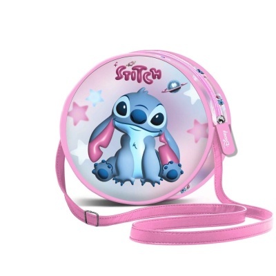 Bolsa redonda rosa com personagem Stitch e estrelas coloridas