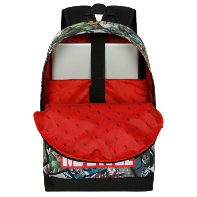Mochila Marvel colorida com interior vermelho e alças pretas acolchoadas