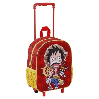 Mala de rodas vermelha e amarela com estampa do personagem Luffy de anime