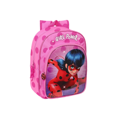 Mochila cor-de-rosa com bolinhas e personagem fantasia em frente