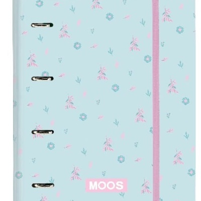 Caderno azul claro com flores pequenas e fecho elástico rosa