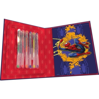 Estojo aberto com cinco canetas coloridas e ilustração do Homem-Aranha no interior