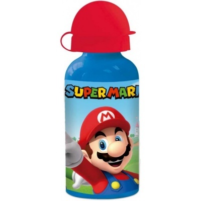 Garrafa de bebida azul com tampa vermelha e imagem do Super Mario