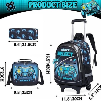 Conjunto mochila, lancheira e estojo com padrão de comandos de videojogo azul