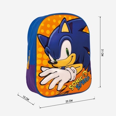 Mochila infantil azul e roxa com ilustração do Sonic the Hedgehog e texto SONIC SPEED