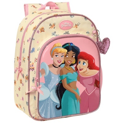 Mochila infantil Disney Princesas creme com princesas Cinderela, Jasmine e Ariel cor-de-rosa
