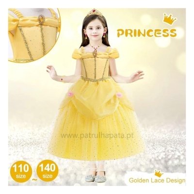 Vestido de princesa amarelo para criança com renda dourada e laços rosas