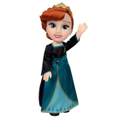 Boneca de personagem com vestido azul e preto e tiara dourada