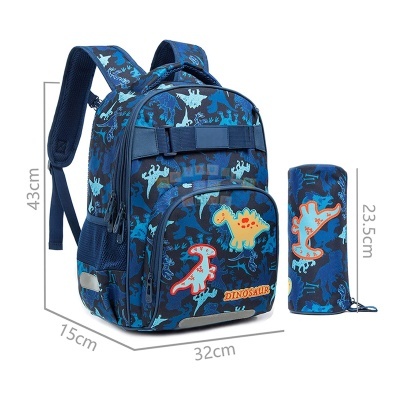 Mochila e estojo azuis com padrão de dinossauros coloridos