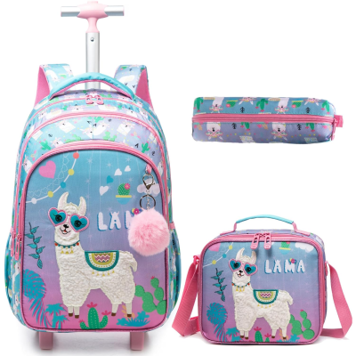 Conjunto escolar colorido com mochila de rodinhas, lancheira e estojo com estampa de lhama e cactos