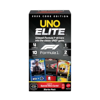 Pack de cartas UNO ELITE 2025 CORE EDITION com temática de Fórmula 1 e imagens de pilotos famosos