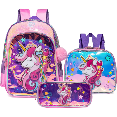 Conjunto infantil com mochila, lancheira e estojo com unicórnio e estrelas holográfico
