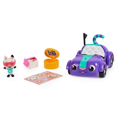 Brinquedo carrinho roxo com boneco e acessórios coloridos