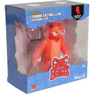 Embalagem azul com figura laranja Gang Beasts e texto Series 1 1 Figurine d'Action 11,5 cm.