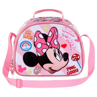 Mala infantil rosa com estampa Minnie Mouse e frases coloridas
