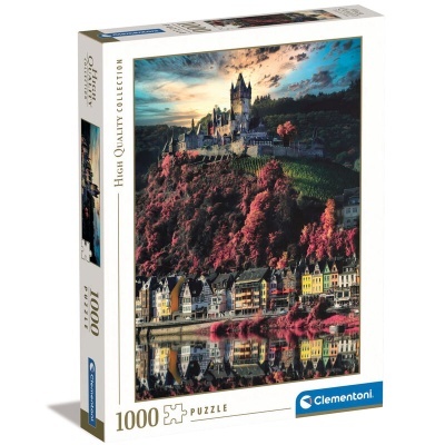 Caixa de puzzle Clementoni High Quality Collection com imagem de castelo, árvores e casas refletidas na água.