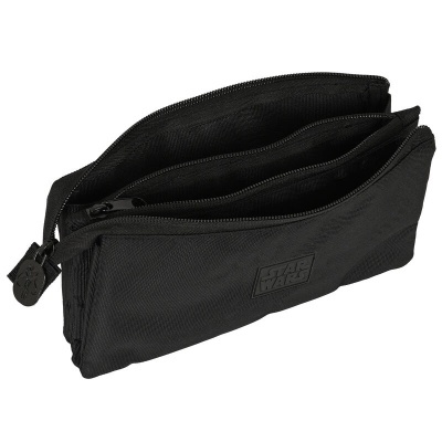 Estojo escolar preto com três compartimentos e logo Star Wars