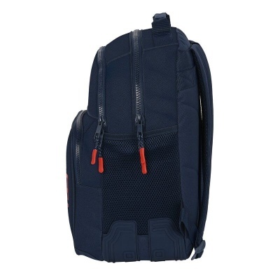 Mochila azul escura vista de lado com fechos de correr vermelhos e bolso lateral de malha preta