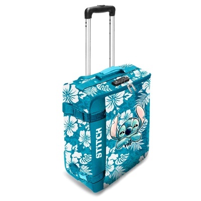 Mala de viagem azul turquesa com padrão floral e personagem Stitch