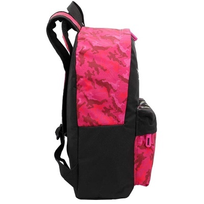 Mochila rosa com padrão camuflado e detalhes pretos