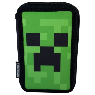 Carteira verde e preta com padrão pixelizado do Minecraft e etiqueta MINECRAFT