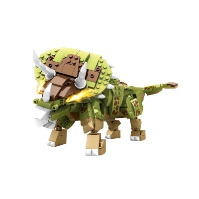 Dinossauro tricerátopo em blocos de construção com cores verde, castanho, bege e detalhes em branco e amarelo