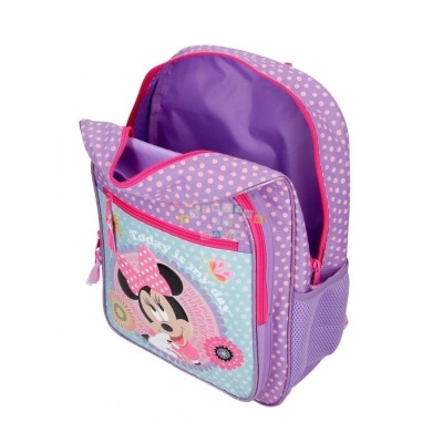 Mochila roxa com bolinhas cor-de-rosa e imagem da Minnie Mouse