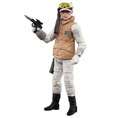 Figura de ação masculina com roupa branca, colete castanho, capacete amarelo e arma preta