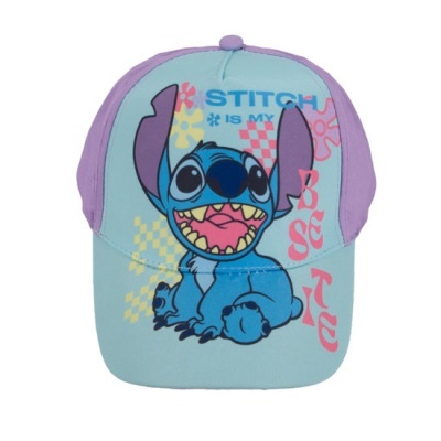 Boné infantil azul claro e roxo com estampa do Stitch e textos coloridos