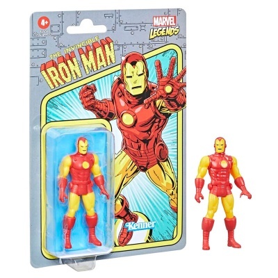 Figura de ação Iron Man vermelha e amarela em embalagem blister com ilustração e textos Marvel Legends.